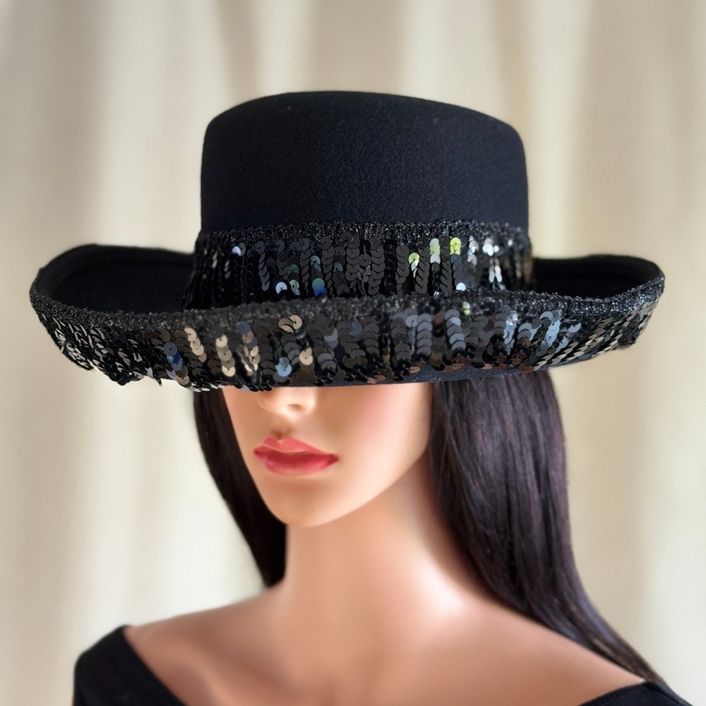 Vtg 80s Black 100% Wool Sequin Wide Brim Flat Crown Hat Made in USA Cowgirl Glam